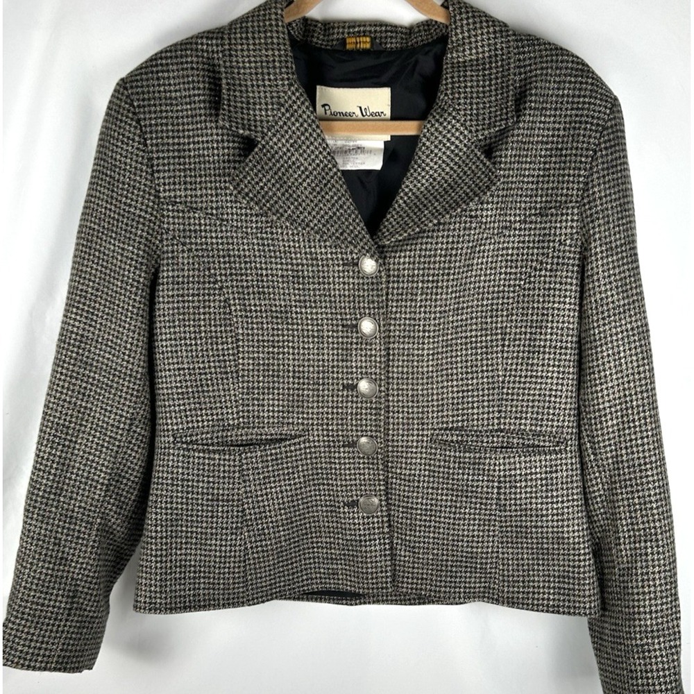 Vtg Pioneer Wear Gray Houndstooth Button Blazer Jacket Womens 14 Western CosPlay